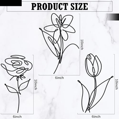 Ferraycle 3 Set of Metal Flower Wall Decor 9.84 x 5.91 Inch Mother's Day Metal Wall Ornament Art Black Minimalist Wire Signs for Bedroom Patio Balcony Bathroom Office Restaurant Shop Presents Gifts