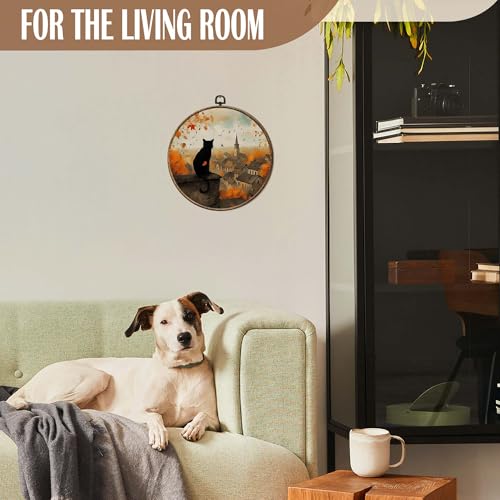 FSTCSV Cozy Fall Black Cat Round Wall Art Framed, Autumn Town Black Cat Canvas Prints Wall Hanging Art, Rustic Fall Landscape Kitty Kitten Circle Walls Decor for Home Bedroom, 10x10in - color: color-4