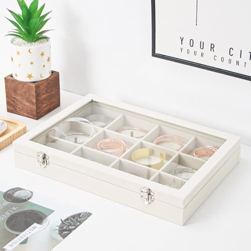 Coward Jewelry Organizer Box, Beige Velvet 12 Grids Bracelet Bangle Necklace Jewelry Display Tray Case with Transparent Glass Lid for Home Drawer Desk or Store Selling Show - color: Beige Velvet, size: 12Grids Box