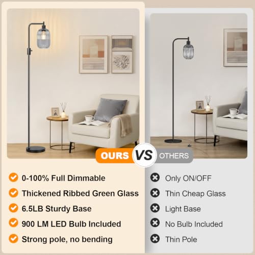 【Upgraded】 Dimmable Floor Lamp for Living Room with Gray Ribbed Glass Lampshade, Black Modern Floor Lamp with 900LM LED Bulb Included, Arc Standing Tall Lamp for Bedroom, Office, Reading Room, Corner - color: Gray Ribbed Glass-Black