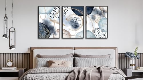Large Framed Canvas Wall Art, Shapley Blue Abstract, 16"x24" Set of 3 - color: shapley blue, size: 16"x24"x3 Framed