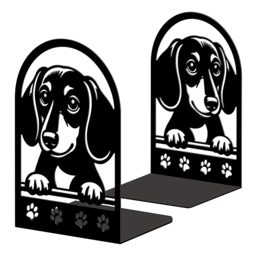 Peacoblue 5.3"x4.3"x7.9" Metal Bookends, Heavy Duty Book Ends for Shelves - style: Sausage Dog with Paw Prints