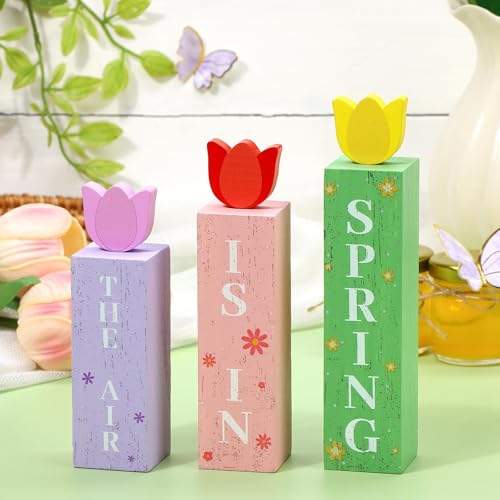 3 Pcs Spring Tulips Wood Table Decor Tulip Flower Block Signs Hello Spring Flowers Table Centerpieces Tulips Spring Holiday Decoration for Home Kitchen Office Desk Easter Decor - style: Spring Tulip