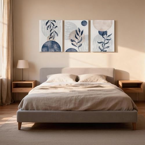 HCJWCXD 3Pcs Boho Wall Art Navy Blue Botanical Framed Canvas Prints 12x16In - color: Navy Blue, size: 12x16 Inches