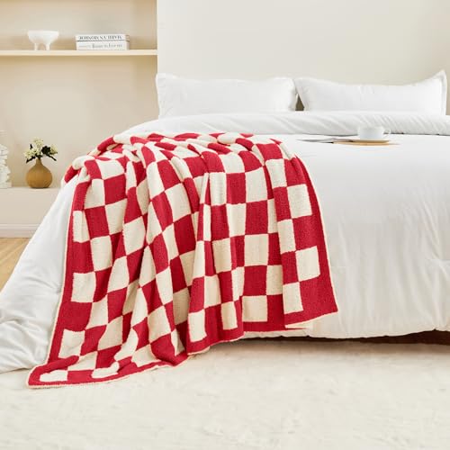 CozeCube Christmas Red Reversible Checkered Knit Throw Blanket 50"x60" - color: Christmas Red, size: 50"x60"