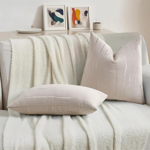 HAUSSY Pack of 2 Chenille Embossed Throw Pillow Covers 18x18 Inch, Beige - color: Beige, size: 18" x 18" (Pack of 2)
