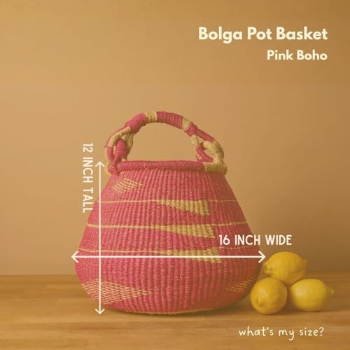 African Bolga Harvest Basket with Handle, 16-Inch Geometric Pink Woven Market Basket for Garden Vegetables, Shopping and Storage - size: Geometric Pink
