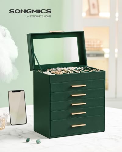 SONGMICS Jewelry Box Organizer, 6-Layer Storage with 5 Drawers, Glass Lid - color: Forest Green + Gold, size: 6 Layer (6.4"d X 9.9"w)