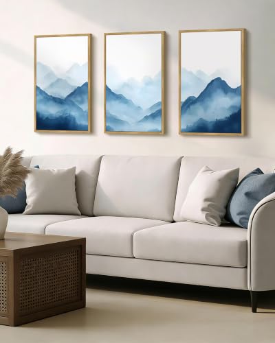Drsoum Blue Fog Mountains Landscape Wall Art Framed Vintage Nature Misty Nordic Prints Ink Wash Watercolor Boho Farmhouse Rustic Artwork Hallway Bedroom Ready to Hang 16x24in Natural Framed - color: Fog Forest, size: 24L" x 16W", Natural Framed
