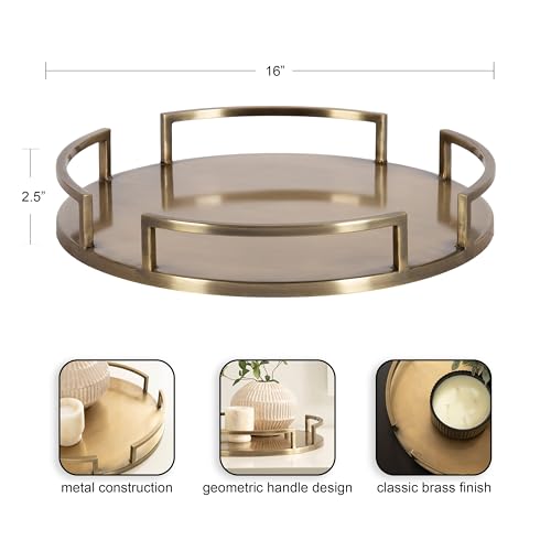 Kate and Laurel Gohana Round Tray with Metal Handles; 16 Inch Diameter; Antique Brass; Modern Glam Serving Tray with Handles for Use as Ottoman Topper or Living Room Decor