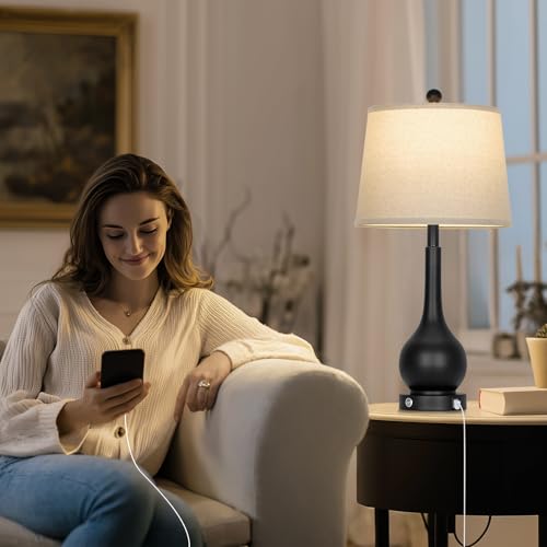 26" Black Table Lamps Set of 2 for Living Room, Touch Control Bedside Lamp for Bedroom, 3-Way Dimmable Nightstand Lamp with USB A+C Port (2 LED Bulbs Included) - color: Black - 26"H