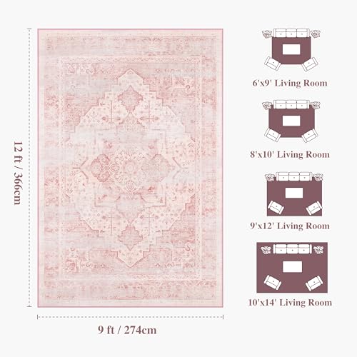 9x12 Washable Vintage Area Rug Pink - Distressed Non-Slip Rugs Soft Large Retro Carpets for Living Room Girls Bedroom Office Home Decor, Pink - color: Light Pink, size: 9' x 12' (Rectangular)