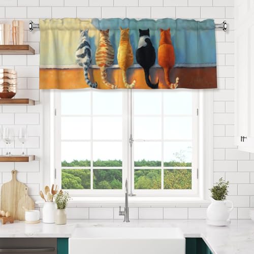 Cute Cat Curtain Valance Short Rod Pocket Window Treatment for Living Room Bedroom Kitchen Bathroom 1 Panel 54" W x 18" L - color: Cute Cat