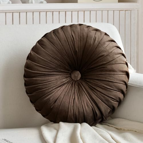 Teieas Round Throw Pillow Velvet Pleated Round Pillow Cushion - color: Brown