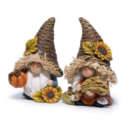 Hodao Thanksgiving Decor Harvest Elf Figurines with Pumpkin Sunflower - color: Brown-2 Pcs