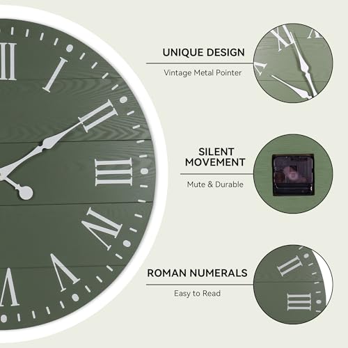 Large Wall Clock with Roman Numeral, 35.5” Shiplap Farmhouse Hanging Clock - color: Green, size: 35.5 Inch