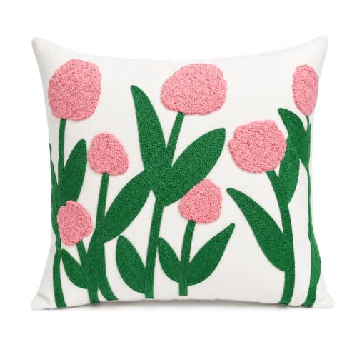 SELECTION Embroidered Floral Throw Pillow, 18x18 Inch Decorative Pillow with Insert Included, Ivory White Woven Canvas Cushion, Pink Flower Embroidery, Hidden Zipper, Farmhouse Boho Home Decor