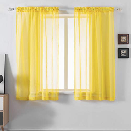 DUALIFE Yellow Sheer Curtains 54 Inch Length,Faux Linen Semi Sheer Curtain Drapes for Living Room Bedroom Nursery Kitchen Bathroom Privacy Voile Window Treatment Panels,Mustard,52 x 54 Inches,Set of 2 - color: Yellow, size: 52"W x 54"L (Pack of 2)