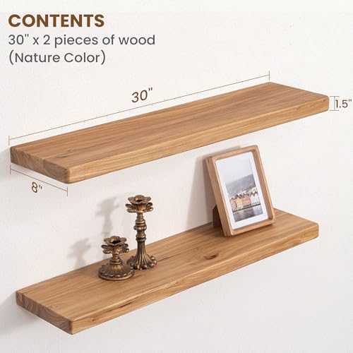 Floating Shelves for Wall, 30"Wx8"D Rustic Solid Elm Wood Floating Shelves Wall Mounted, Round Edge Wall Shelves with Invisible Bracket for Living Room Bathroom Bedroom Kitchen, Set of 2, Natural - color: Natural, size: Round Edge, 30inch, 2Packs