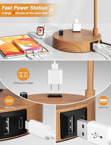 20.7" Tall Table Lamp with USB & Outlet, Fully Dimmable Nightstand Lamp - color: F-Beige Shade & Wood Base