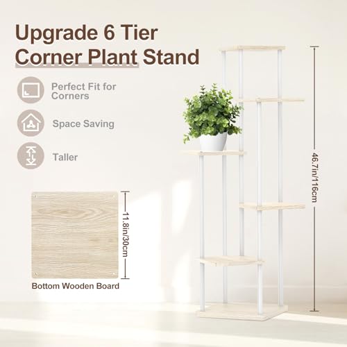 Oppro 6 Tier Tall Plant Stand Indoor, Large Metal Wood Muti Level Vertical Planter Shelf Orchid Holder for Narrow Corner, Sturdy Heavy Duty Flower Display Rack for House Decor Living Room Bedroom, White - color: White