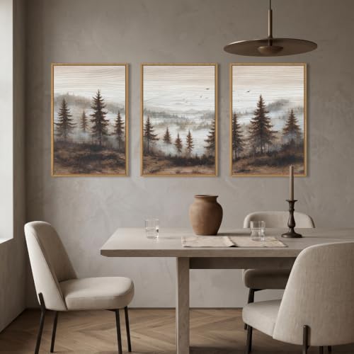 Large Foggy Pine Tree Mountain Framed Canvas Wall Art Set-16"x24"x3 - color: Foggy Landscape Wall Art, size: 16"Lx24"W