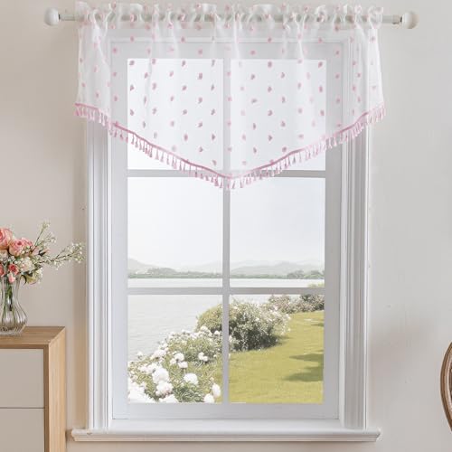 3 Pieces Boho Sheer Valances for Windows, Cute Pom Pom Rod Pocket Light Filtering Short Valance Curtains with Tassels for Nursery Kids Bedroom Bathroom Cafe (Pink A,55"x24") - color: Pink a