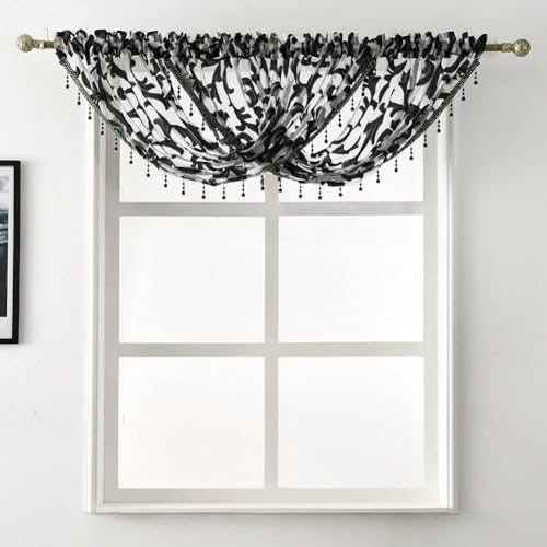 NAPEARL Swag Valance for Windows White Organza Sheer Waterfall Curtain, Rod Pocket Sheer Window Treatment for Bathroom, Kitchen Window Curtains Over Sink, Small Windows (1 Valance, 40 x 17 Inch) - color: Black, size: 40"W x 17"L (Pack of 1)