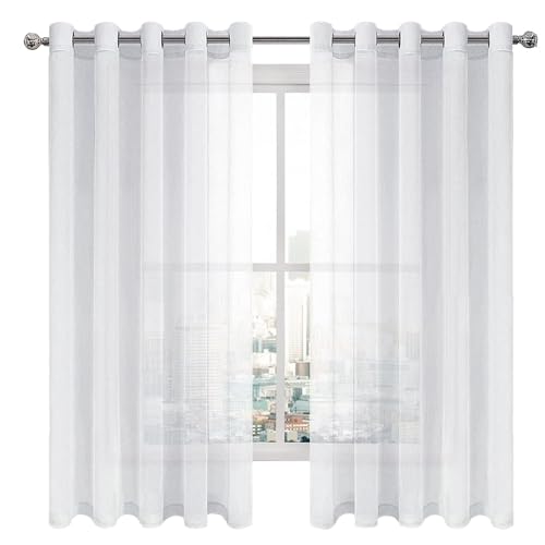 DWCN White Sheer Curtains Linen Look Semi Transparent Voile Grommet Curtains for Living Dining Room Drapes 60 x 63 Inch Long, Set of 2 Panels - color: White, size: 60"W x 63"L (Pack of 2)