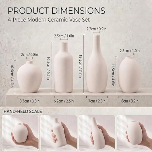 Ceramic Vase Set of 4 – Modern Farmhouse Decorative Vases for Home Decor, Minimalist Matte Pottery Vases for Flowers, Pampas Grass, Table Centerpiece, Mantel, Shelf & Entryway (Beige) - color: 09 Beige White