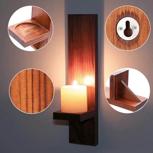 OwnMy 2PCS Wood Wall Candle Sconces Rustic Wall Mount Pillar Candle Sconces - color: Brown