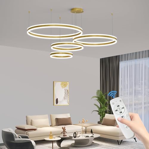 Modern LED Chandelier Light, 4 Ring Gold Pendant Lighting Fixture, Adjustable Hanging Ceiling Lamp for Dining Room, Kitchen Island, Entryway, Living Room, Dimmable Dining Light Over Table