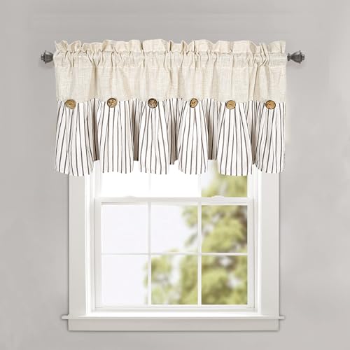 DOSLY IDÉES Farmhouse Rustic Linen and Cotton Valance, Brown Striped Pleated Design with Coconut Buttons, Multi-Room Window Treatment for Kitchen, Living Room, Bedroom, 52" W x 18" L - color: Linen & Brown Striped, size: 52"W x 18"L (Pack of 1)