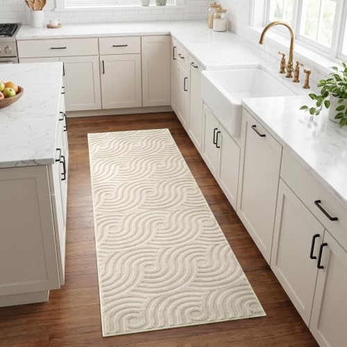 Etwel 2x6 Beige Modern Abstract Textured High-Low Pile Washable Runner Rug - color: Swirl-beige, size: 2' x 6'