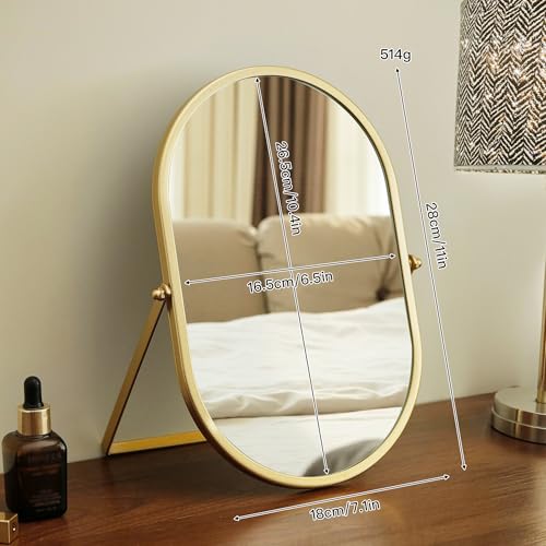 Tstarer Oval Vanity Mirror with Stand, Metal Frame (Gold, 7.1 x 11 inches) - color: Gold, size: 11"L x 7.1"W