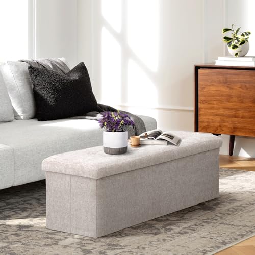 Athena Collection 43" Storage Ottoman Bench Folding Bench with 130L Hidden Storage, Large End of Bed Bench Linen Foot Rest Stool Chest with Flipping Lid for Living Room Bedroom Entryway, Sandy Beige - color: Sandy Beige, style: 43" Linen