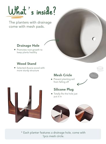 LE TAUCI 12 Inch Ceramic Planter with Acacia Wood Stand, Neutral Gray - color: Neutral Gray, size: 12 Inch