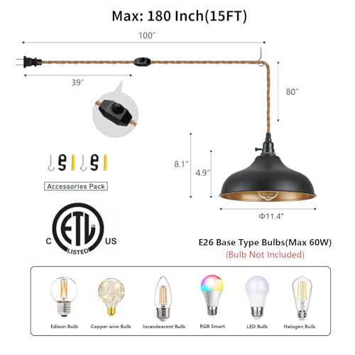 Plug in Pendant Lights Dome Hanging Lamp with Dimmable Switch 15 Ft Long Hemp Rope Farmhouse Pndant Light Cord Lighting Fixture DIY Hanging Light - color: B 1 Light