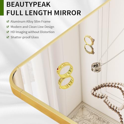 BEAUTYPEAK 59" x 16" Rounded Corner Full Length Mirror with Stand, Gold - color: Gold, size: 59"L x 16"W
