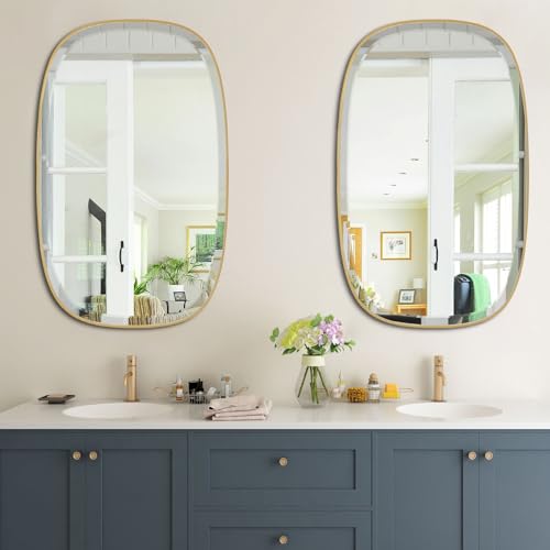 POZINO 40"x24" Brushed Gold Oblong Beveled Bathroom Mirror for Over Sink - color: Gold Rectangle, size: 40"L x 24"W