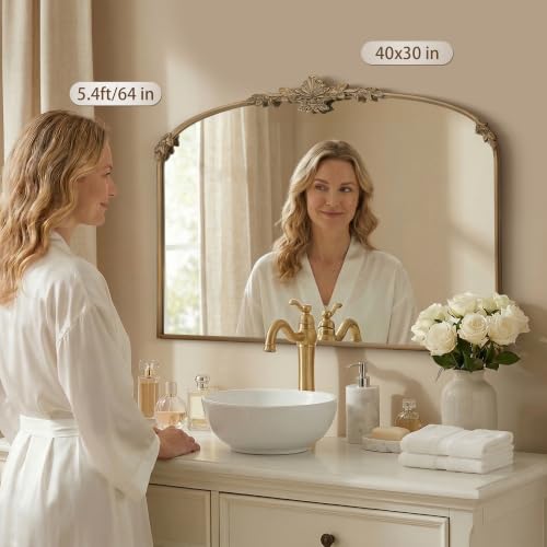 Besdomus Antique Arched Gold Mirror: 40"x30" Large Vintage Brass Decorative - size: 30"L x 40"W