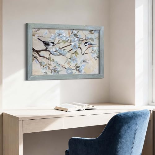 Oversized Spring Bird Scene Framed Wall Art, 36" Lx24 W - color: Chickadees on Soft Pastel, size: 36"L x 24"W