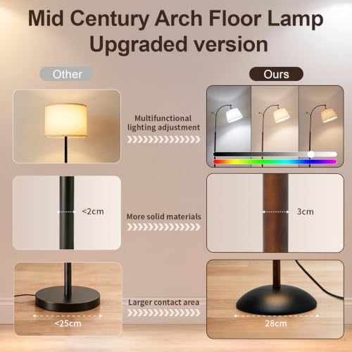 Floor Lamp, 9W LED Arch Floor Lamp - Solid Wood with Black Base - color: Solid Wood + Black Base