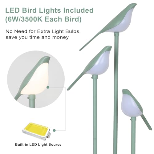 Bird Floor Lamp for Bedroom, Green Standing Lamps for Living Room, Corner Tall Lamp with Table, 3-Lights Vintage Floor Lamp, Modern Stand Up Lamp for Office, Girls Room, Unique Bird Lamps - color: Green
