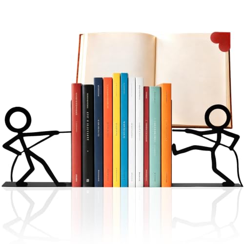 2 Pcs Metal Bookends and Heart Bookmark,Book Ends for Book Shelf,Tug of War - color: Tug War Black