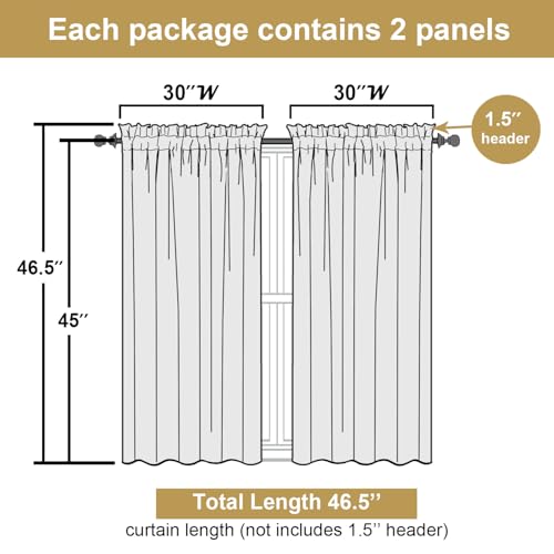 Lecloud White Curtains for Bedroom 45 Inch Length, 2 Panels - color: White, size: 30"W x 45"L (Pack of 2)