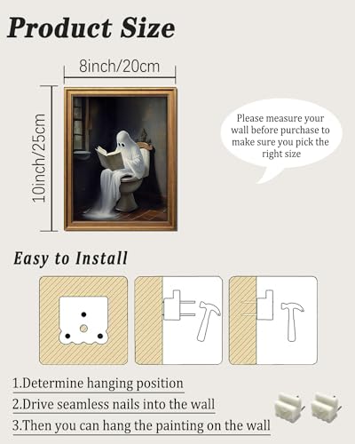 KBKBART Gold Framed Wall Art, Cute Ghost Reading Book on Toilet Painting - color: Ghost, size: 10"L x 8"W