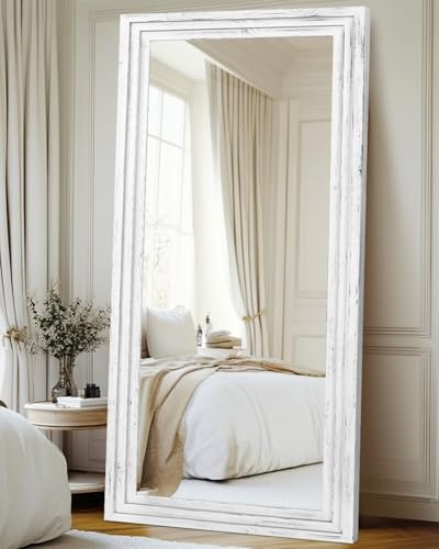 76x34in Full Length Mirror, 3-Tier Stepped Solid Wood Frame, White - color: White, size: 76"L x 34"W