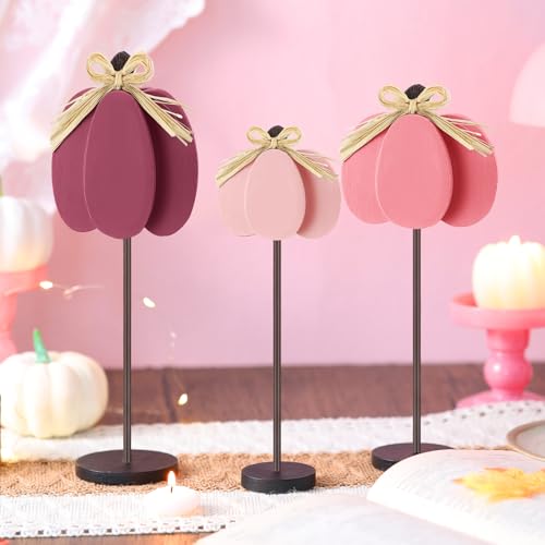 Thyle 3 Pcs Fall Pumpkin Decor, Wooden, Pink - color: Pink