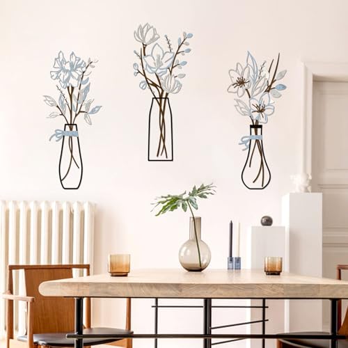 3 Pieces Metal Flowers Wall Art for Bathroom (Blue Brown) - color: Blue Brown